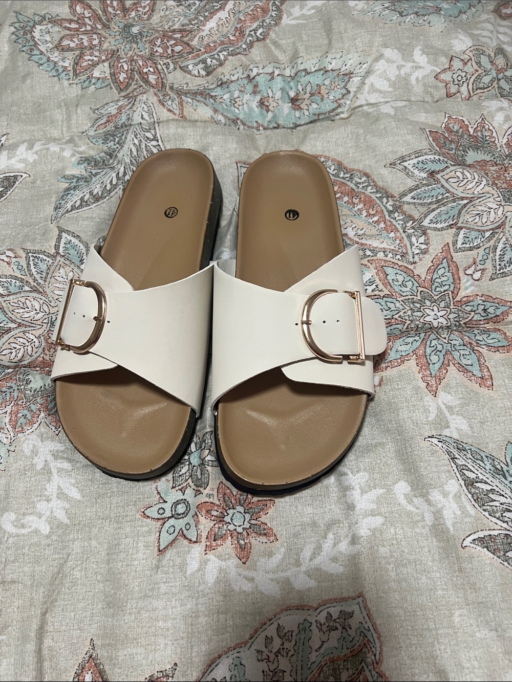 Women's White Slide Sandals with Gold Buckle